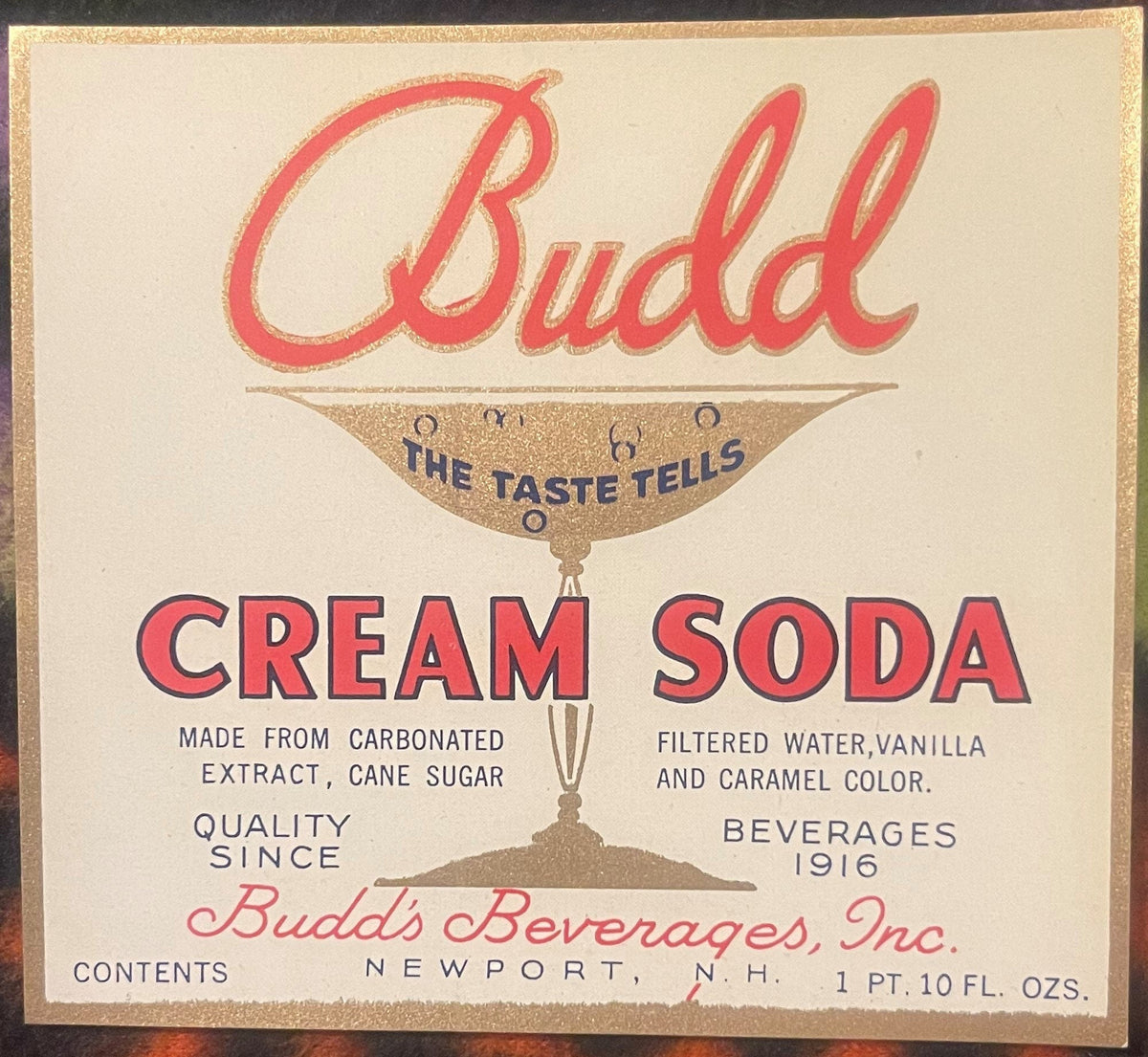 Antique Budd Cream Soda Label from 1920s Newport