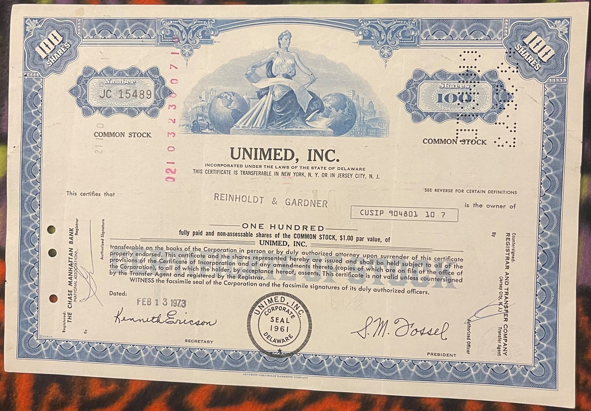 Vintage 1970s Unimed Inc Stock Certificate 💊 Madison NJ, 100 Shares, Unique Americana