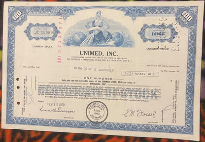 Vintage 1970s Unimed Inc Stock Certificate 💊 Madison NJ, 100 Shares, Unique Americana