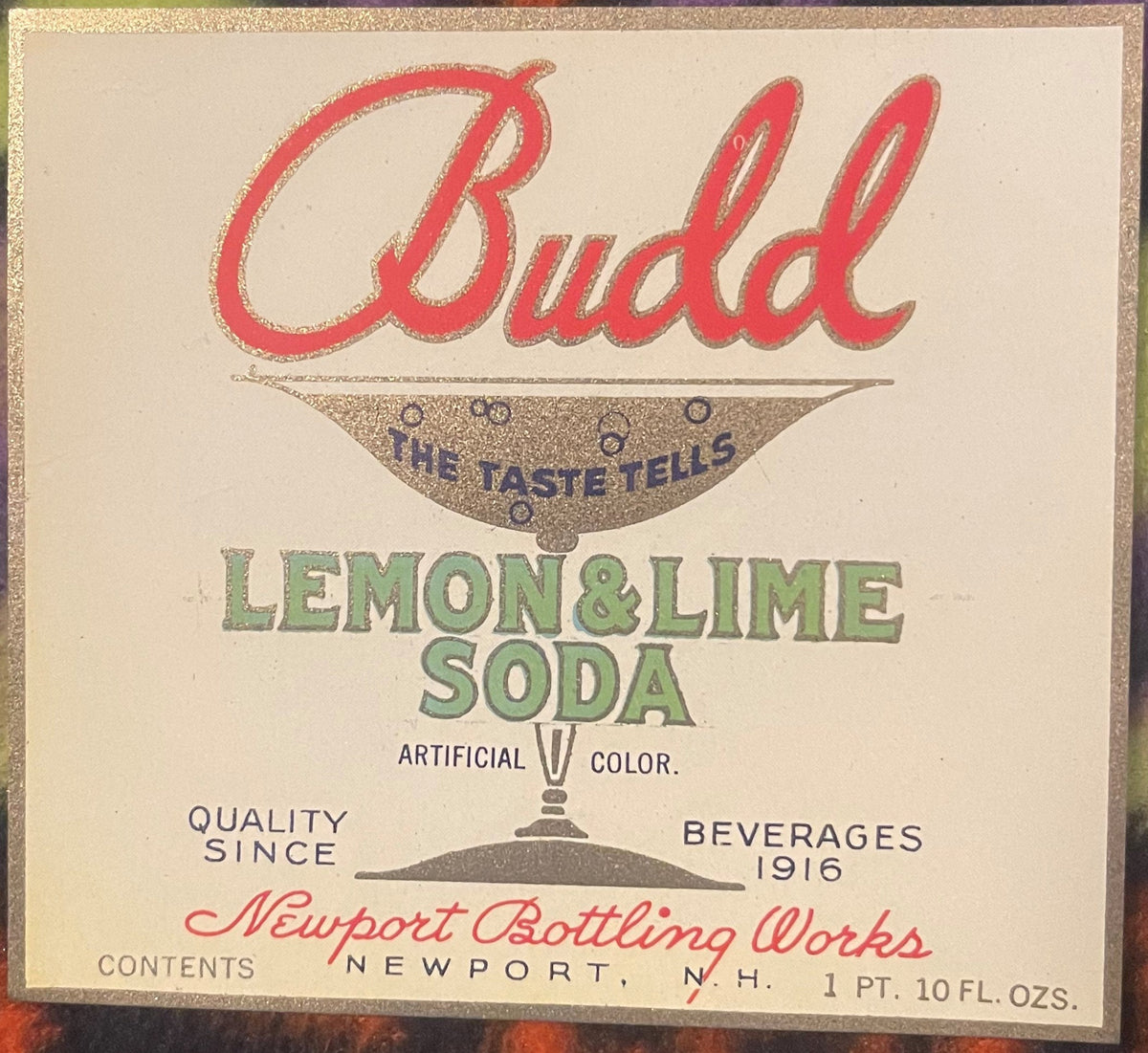 Antique 1920s Budd Lemon & Lime Soda Label from Newport, NH