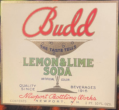 Antique 1920s Budd Lemon & Lime Soda Label from Newport, NH