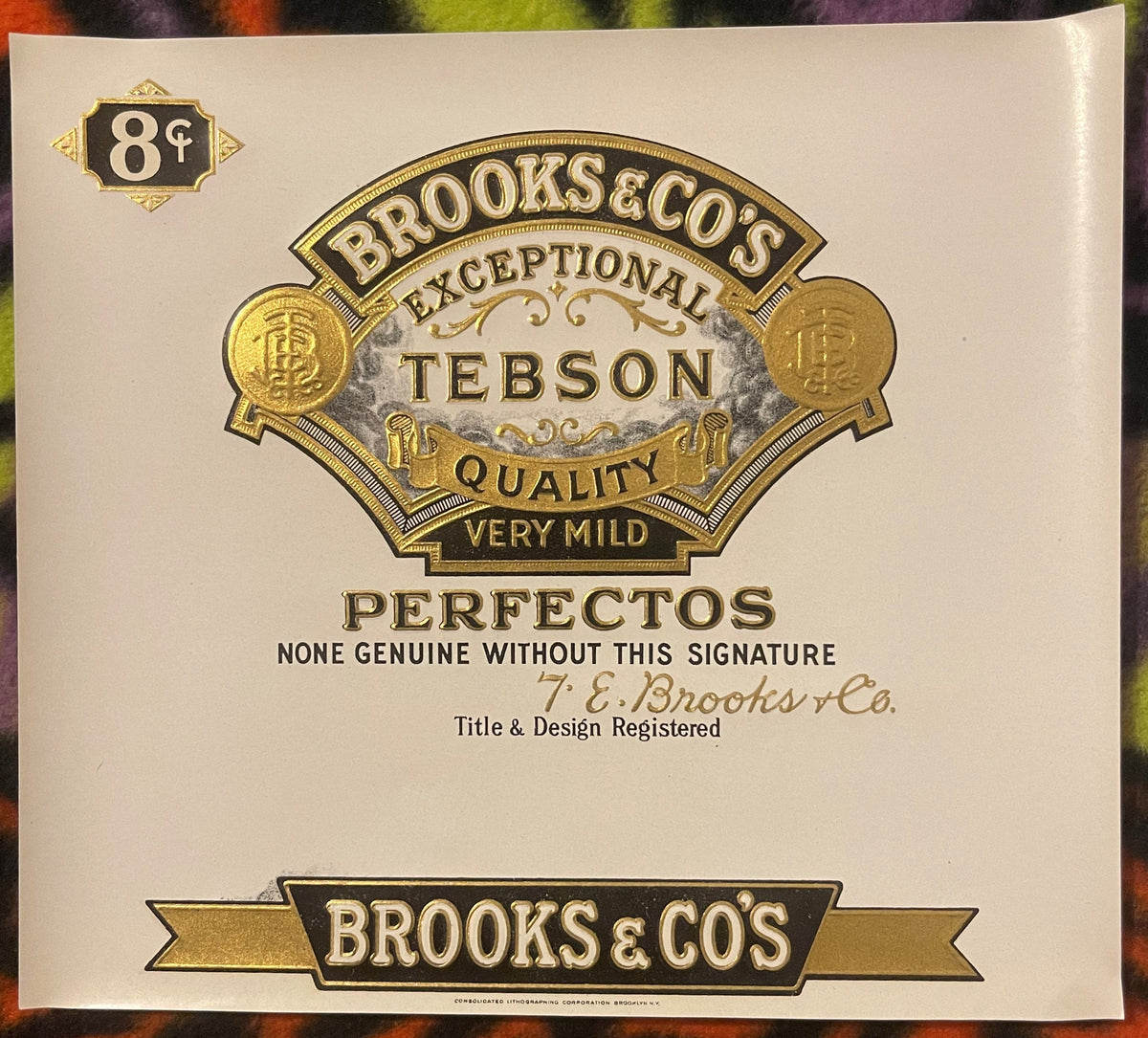Antique Brooks & Co's Tebson Perfectos Cigar Label 🏷️ Red Lion PA Gold Embossed Lithograph Art