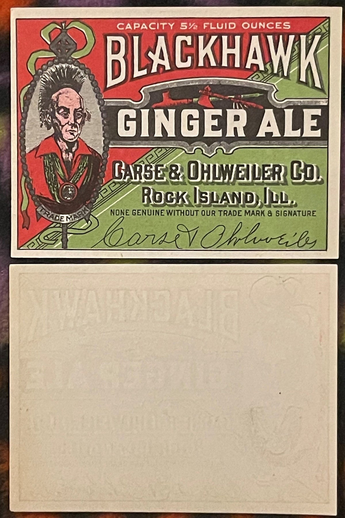 Antique Blackhawk Ginger Ale Label 🪓 Carse & Ohlweiler Co. Rock Island, Ill. Color Litho Embossed Native American Chief