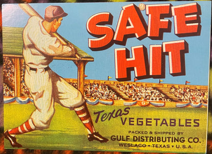 Vintage Safe Hit Baseball Crate Label Texas Vegetables Gulf Distributing Co Weslaco Lithograph Advertising Art 🍎