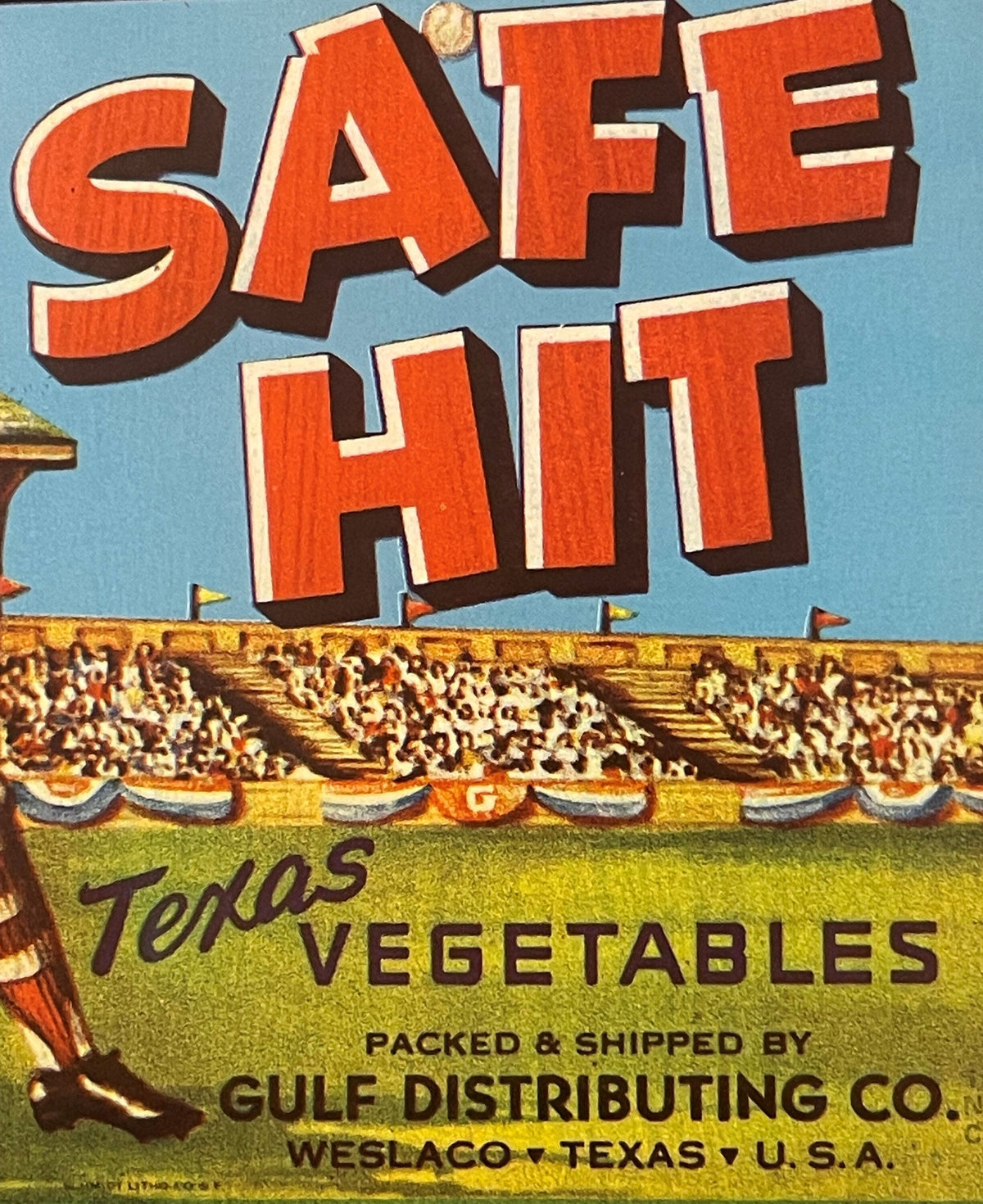 Vintage Safe Hit Baseball Crate Label Texas Vegetables Gulf Distributing Co Weslaco Lithograph Advertising Art 🍎
