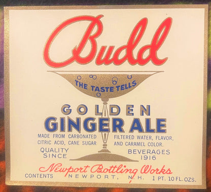 Antique Vintage 1920s Budd Ginger Ale Label 🍺 Newport, NH, Highly Collectible!