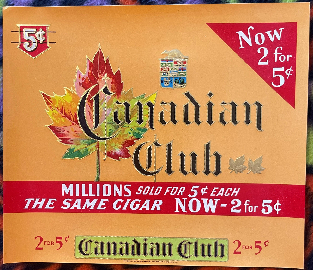 Antique 1920s - 1930s Canadian Club Embossed Cigar Label 🚬 Maple Leaf, Version 2, Red Lion, PA