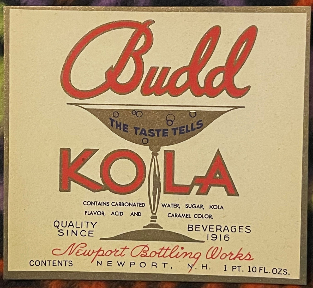Antique Budd Kola Label from 1920s Newport NH