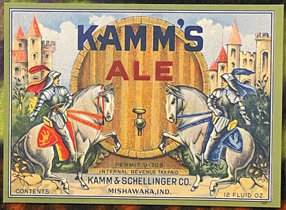 Antique Vintage 1930s Kamm's Ale Label 🍺 Knights Shining Armor on Horses, Mishawaka, IN