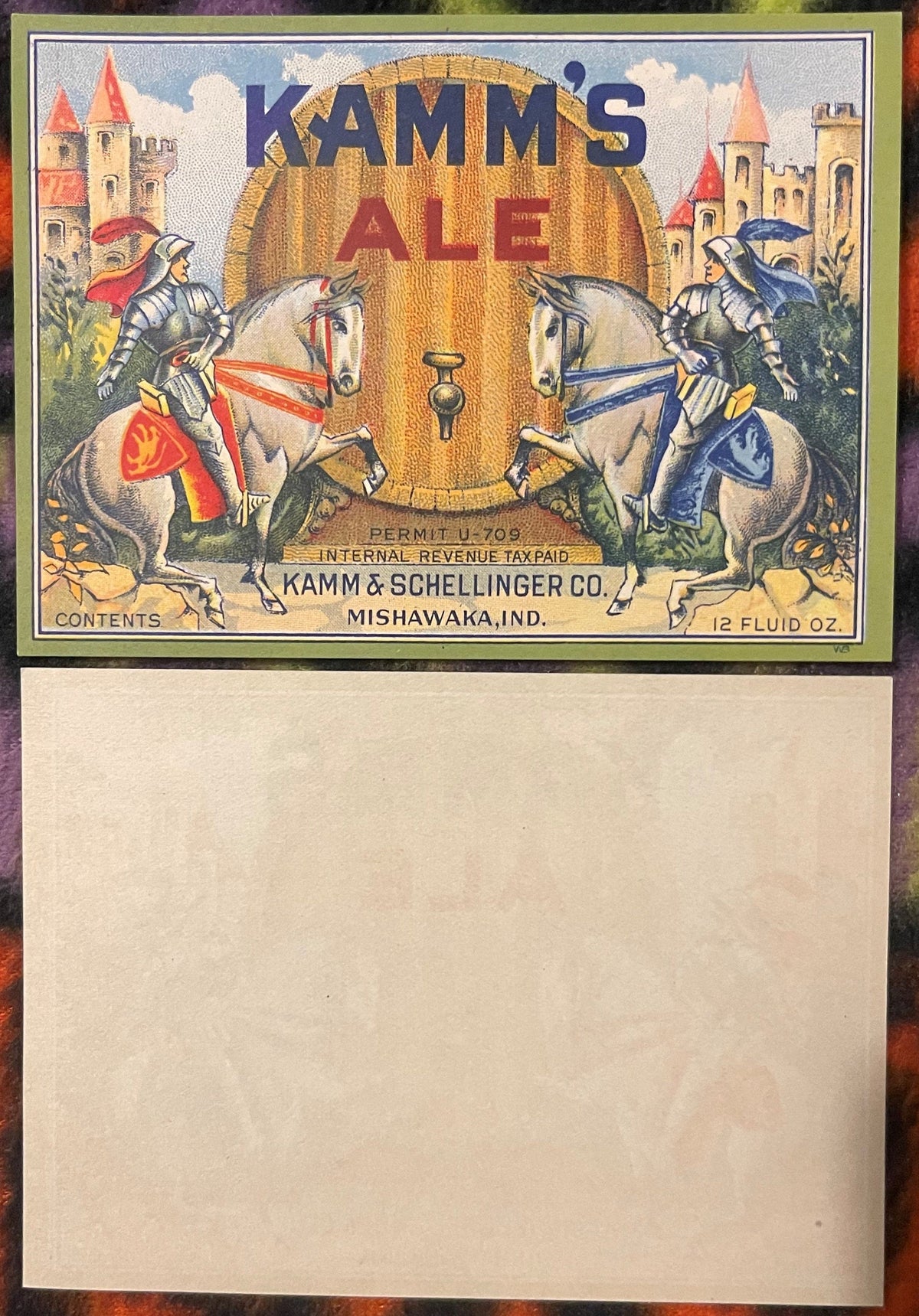 Antique Vintage 1930s Kamm's Ale Label 🍺 Knights Shining Armor on Horses, Mishawaka, IN