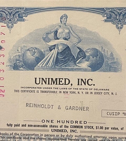 Vintage 1970s Unimed Inc Stock Certificate 💊 Madison NJ, 100 Shares, Unique Americana