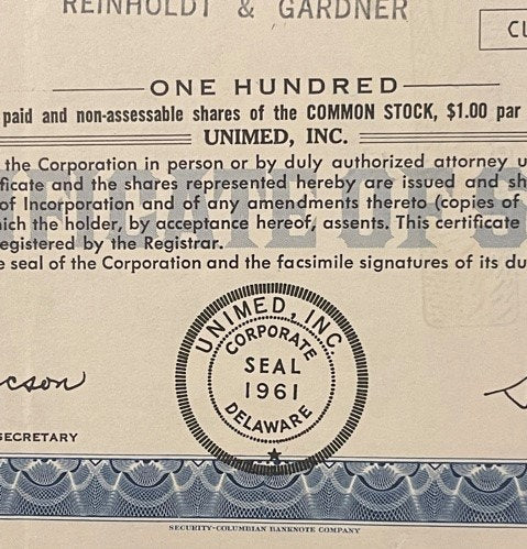 Vintage 1970s Unimed Inc Stock Certificate 💊 Madison NJ, 100 Shares, Unique Americana