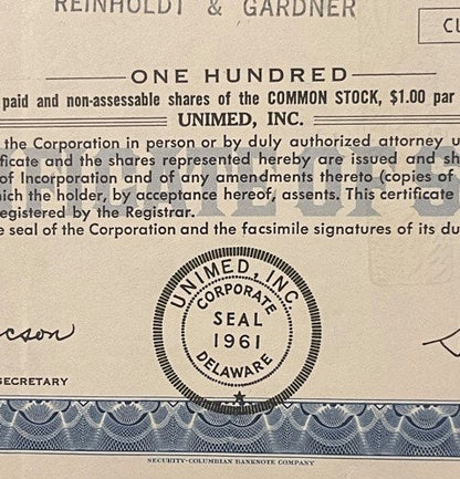 Vintage 1970s Unimed Inc Stock Certificate 💊 Madison NJ, 100 Shares, Unique Americana