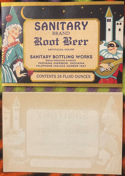 Antique Root Beer Label 🧴 Sanitary Brand, Indiana Harbor Indiana, Jester & Castle NOS Lehmann S.F.