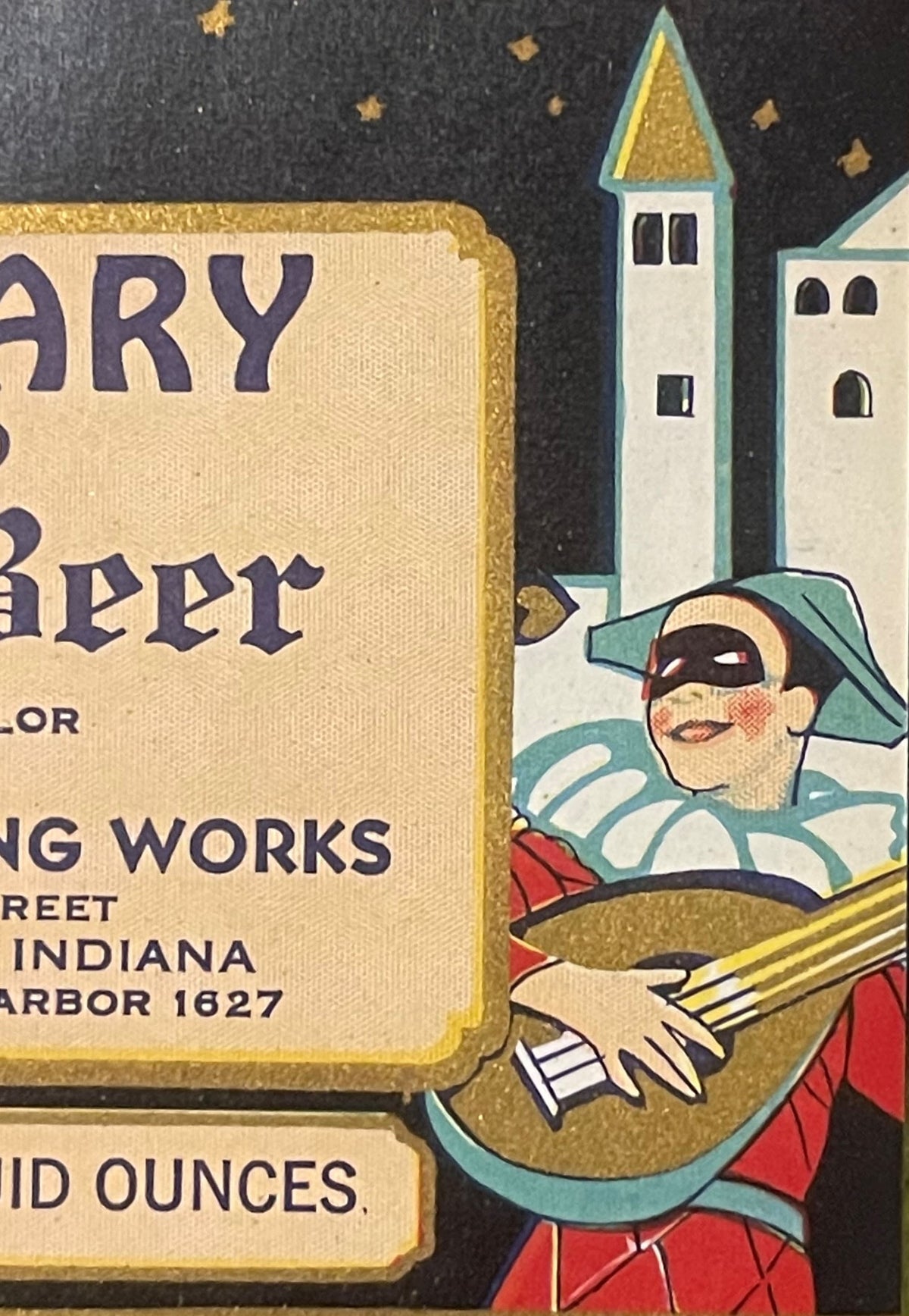 Antique Root Beer Label 🧴 Sanitary Brand, Indiana Harbor Indiana, Jester & Castle NOS Lehmann S.F.