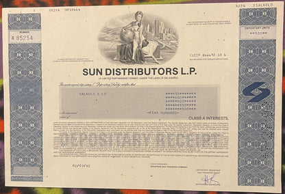 Vintage 1990s Sun Distributors Stock Certificate Class A Started by Sunoco American Oil and Gas 📜