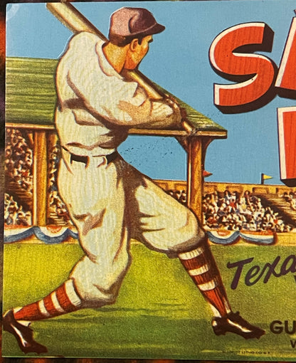 Vintage Safe Hit Baseball Crate Label Texas Vegetables Gulf Distributing Co Weslaco Lithograph Advertising Art 🍎