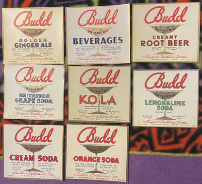 Complete Set of 8 Antique 1920s Budd Beverages Soda Bottle Labels, Newport Bottling Works New Hampshire, Unused NOS Advertising 🥤