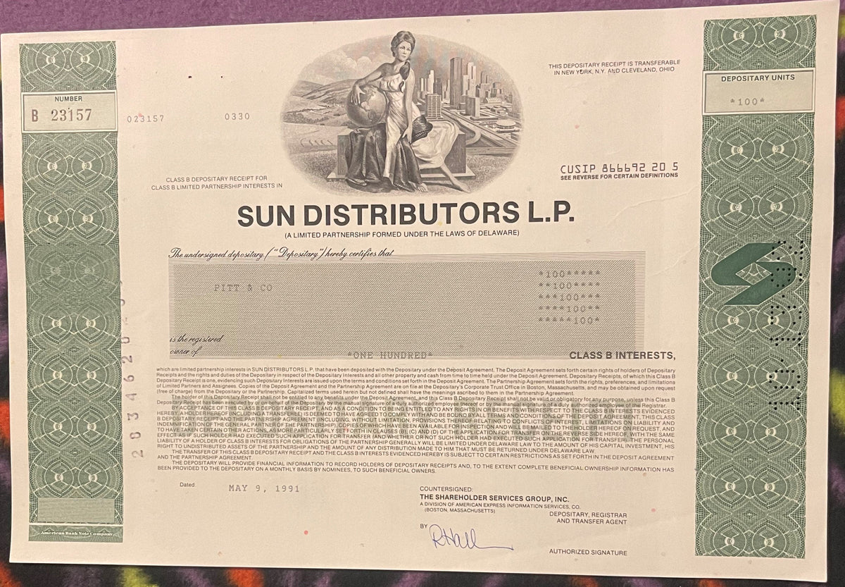 Vintage 1990s Sun Distributors Stock Certificate Class B Started by Sunoco American Oil and Gas 📜