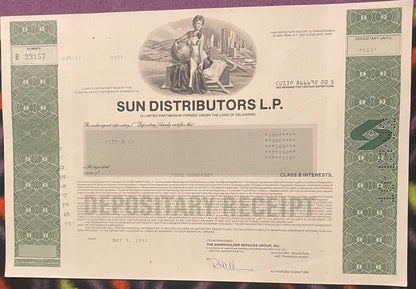 Vintage 1990s Sun Distributors Stock Certificate Class B Started by Sunoco American Oil and Gas 📜
