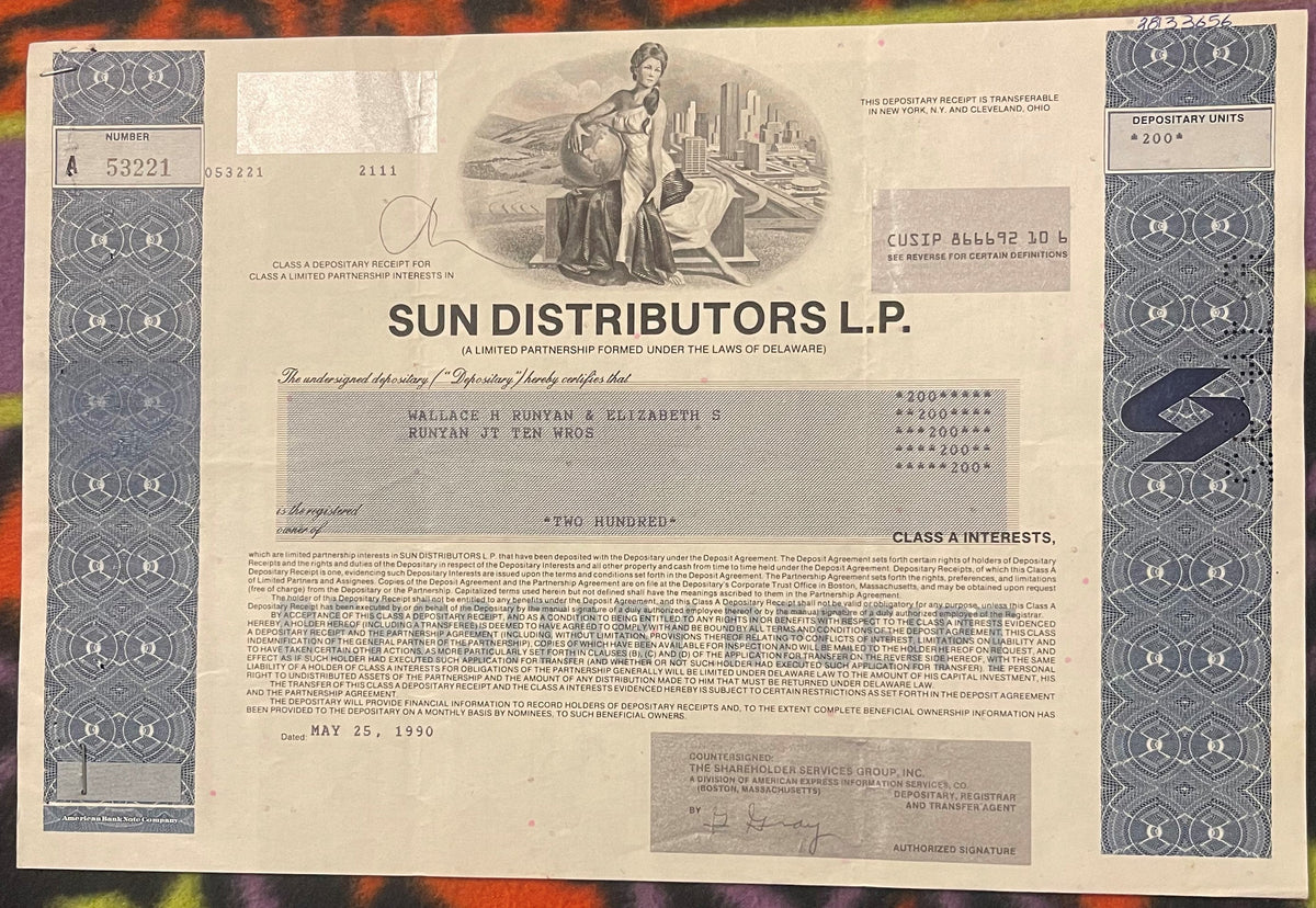 Vintage 1990s Sun Distributors Stock Certificate Class A Started by Sunoco American Oil and Gas 📜