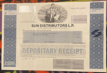 Vintage 1990s Sun Distributors Stock Certificate Class A Started by Sunoco American Oil and Gas 📜