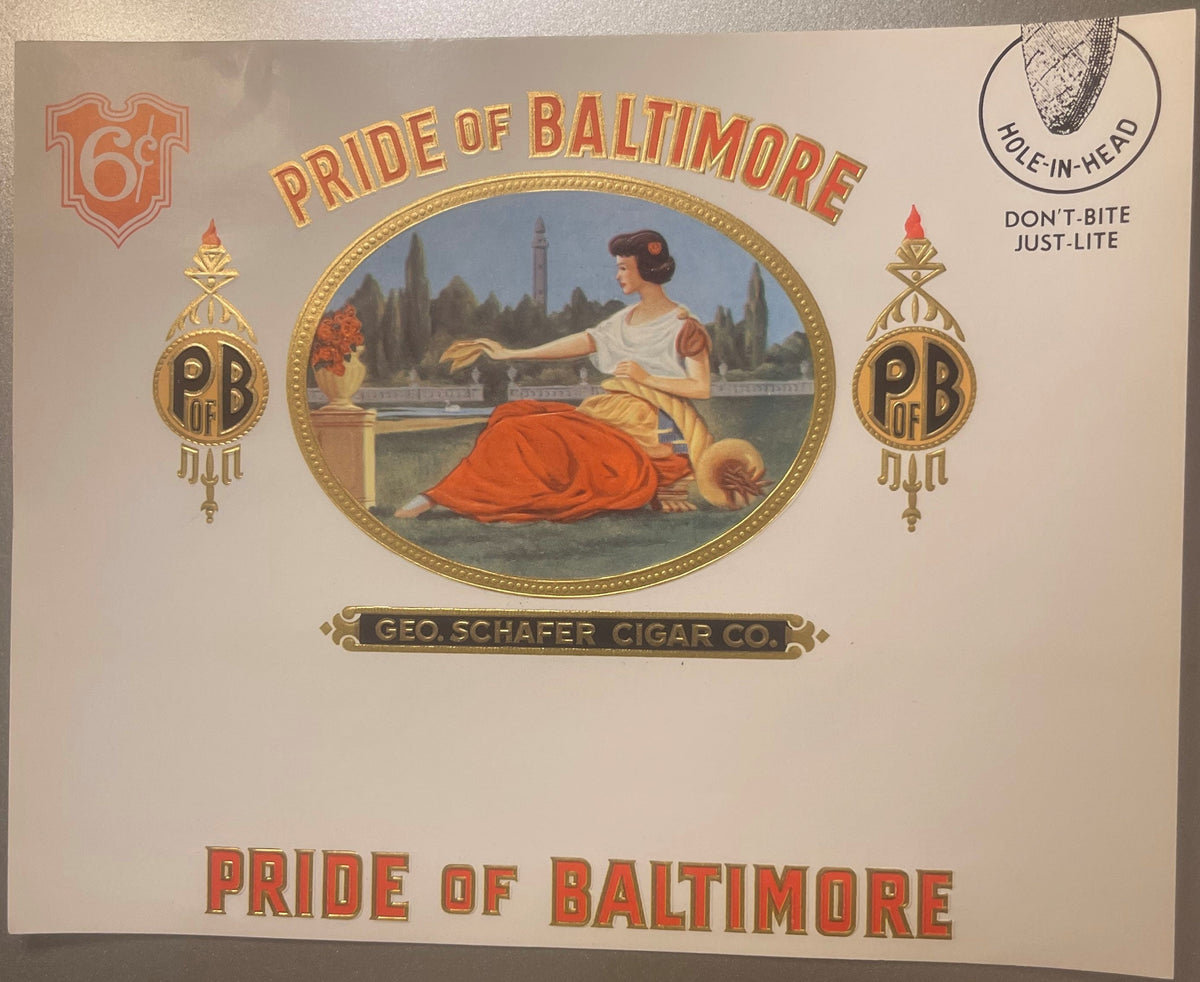 Antique Pride of Baltimore 🏛️ Geo. Schafer Cigar Co. Embossed Gold Foil Lithograph Label 1900s–1920s