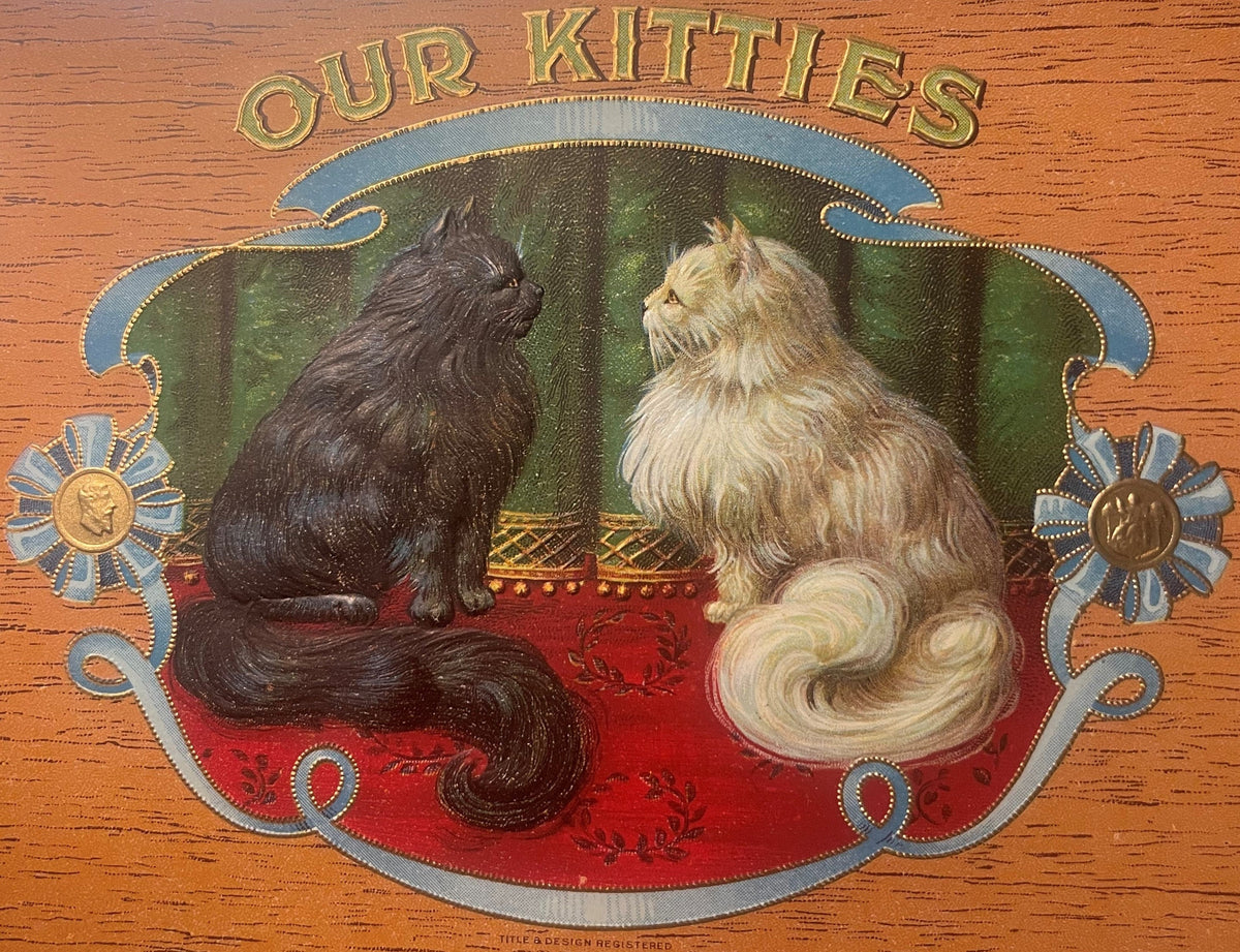 Antique "Our Kitties" Cigar Box Label 🐾 Gold Embossed Chromolithograph Cats, Early 1900s