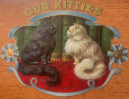 Antique "Our Kitties" Cigar Box Label 🐾 Gold Embossed Chromolithograph Cats, Early 1900s