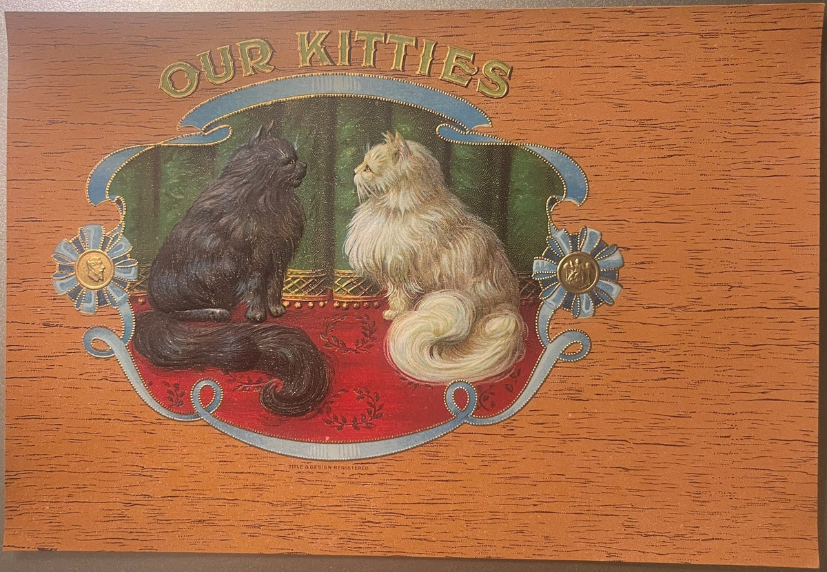 Antique "Our Kitties" Cigar Box Label 🐾 Gold Embossed Chromolithograph Cats, Early 1900s
