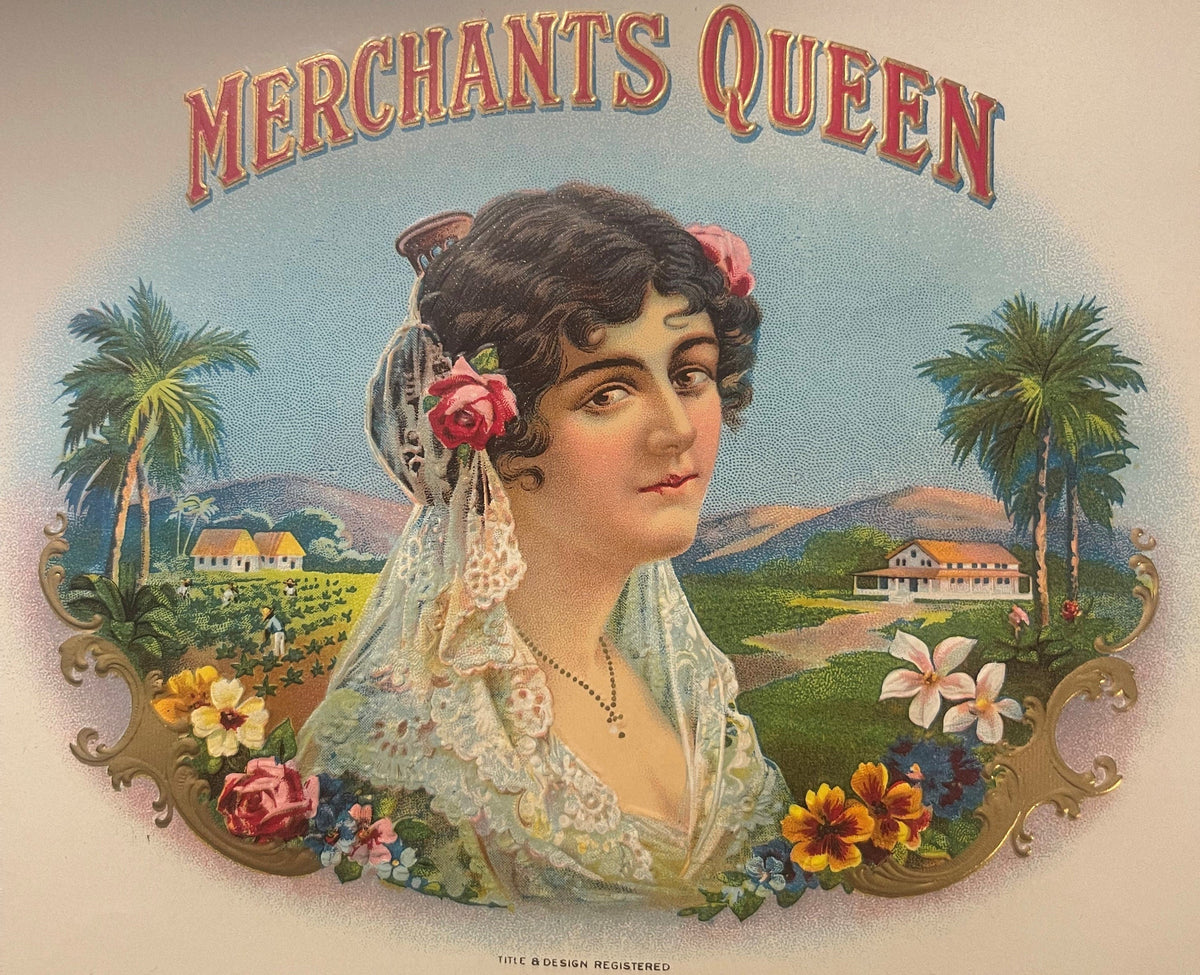 Antique Merchants Queen Embossed Cigar Label 💐 1900s Gold NOS Beauty