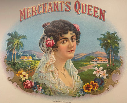 Antique Merchants Queen Embossed Cigar Label 💐 1900s Gold NOS Beauty