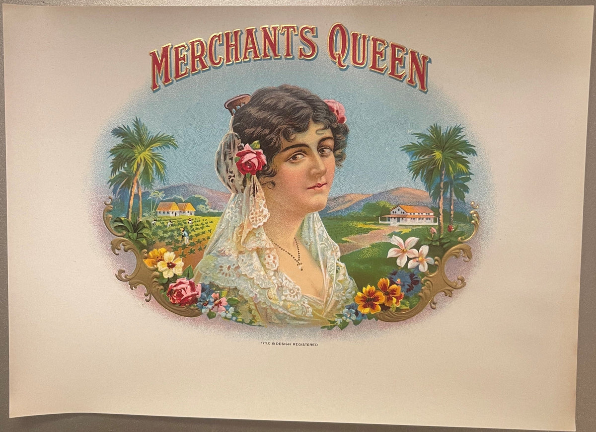 Antique Merchants Queen Embossed Cigar Label 💐 1900s Gold NOS Beauty