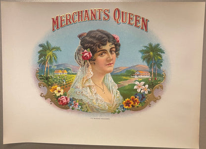 Antique Merchants Queen Embossed Cigar Label 💐 1900s Gold NOS Beauty