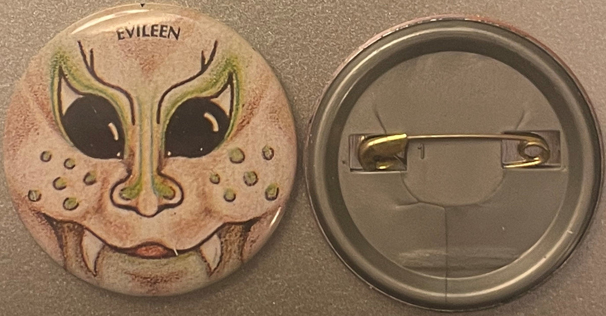 Vintage 1980s Evileen Gross-Out Monster Pin 📌 Fanged Green Cat Face Pinback Button, Weird Retro Collectible