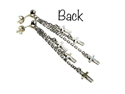 3 chain solid sterling silver cross dangle earrings wedding jewelry S925 studs 3 strands antiqued boho simple cross of jesus crucifix