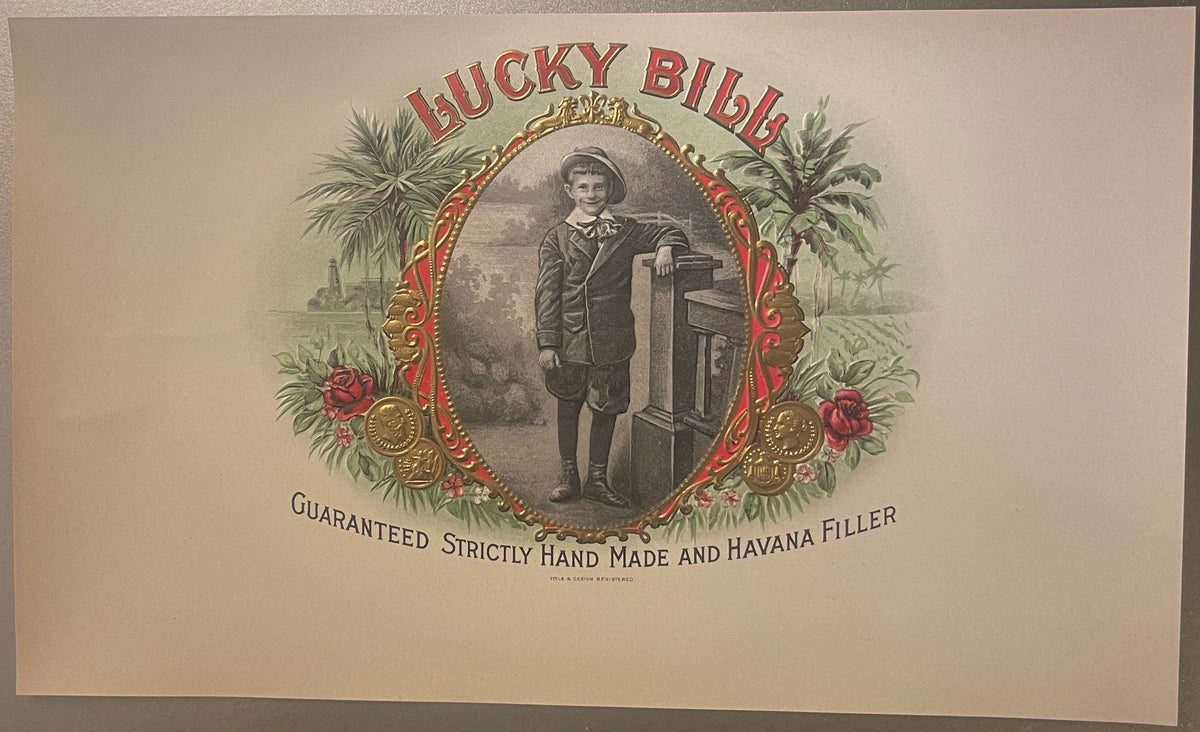 Antique 1900s Lucky Bill Gold Embossed Cigar Label 🎩 Large Victorian Boy Art 10" x 6"