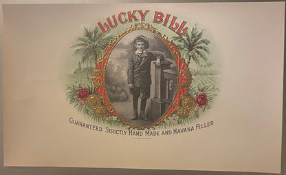 Antique 1900s Lucky Bill Gold Embossed Cigar Label 🎩 Large Victorian Boy Art 10" x 6"