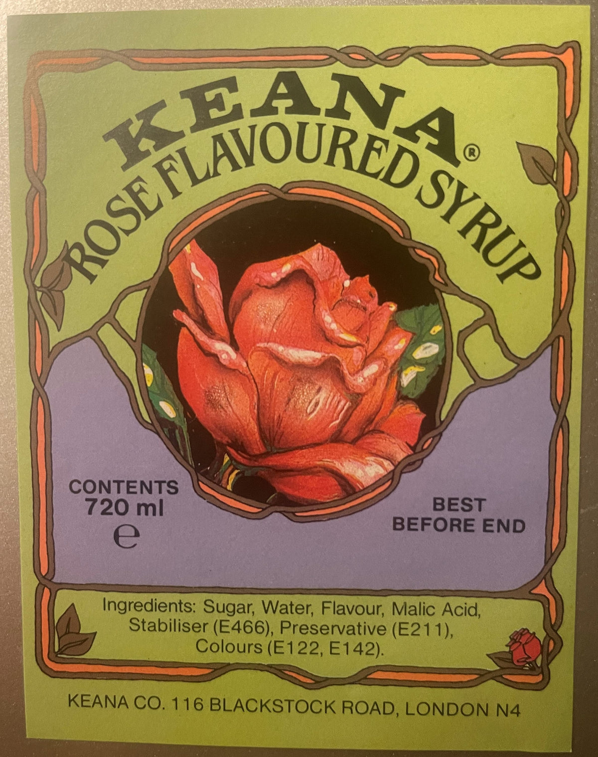 Vintage 1970s London Keana Rose Syrup Label Collectible