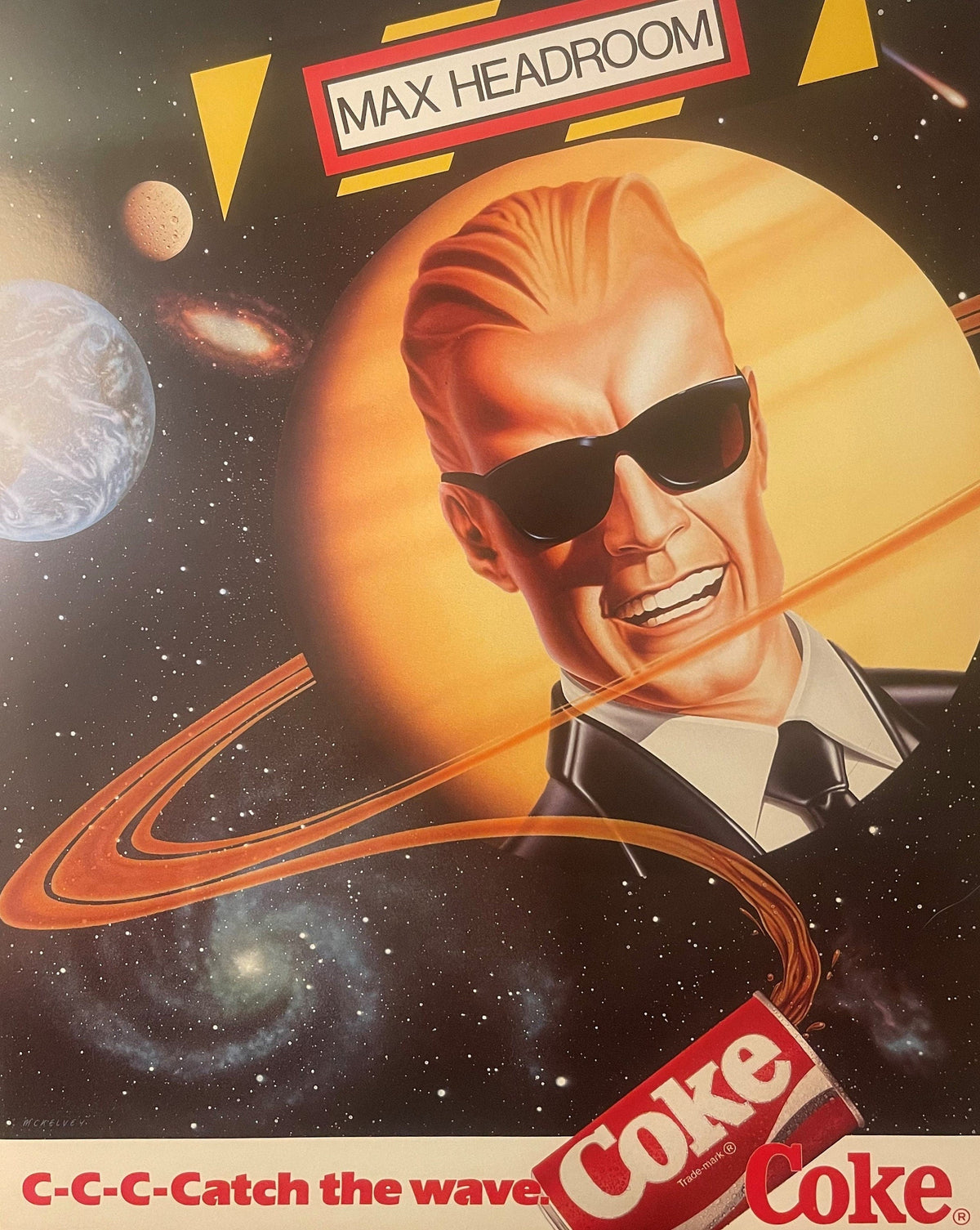 Vintage Max Headroom Coca-Cola Poster 🚀 "C-C-C-Catch the Wave" Space Theme Advertising Litho, Signed McKelvey