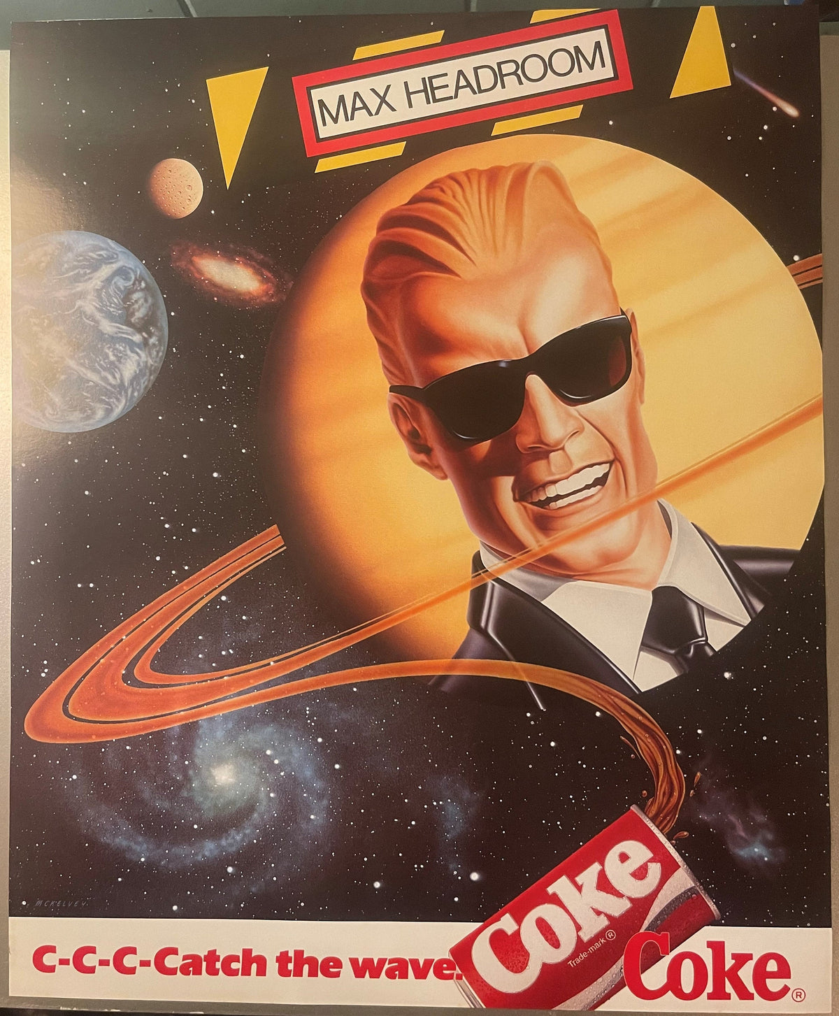 Vintage Max Headroom Coca-Cola Poster 🚀 "C-C-C-Catch the Wave" Space Theme Advertising Litho, Signed McKelvey