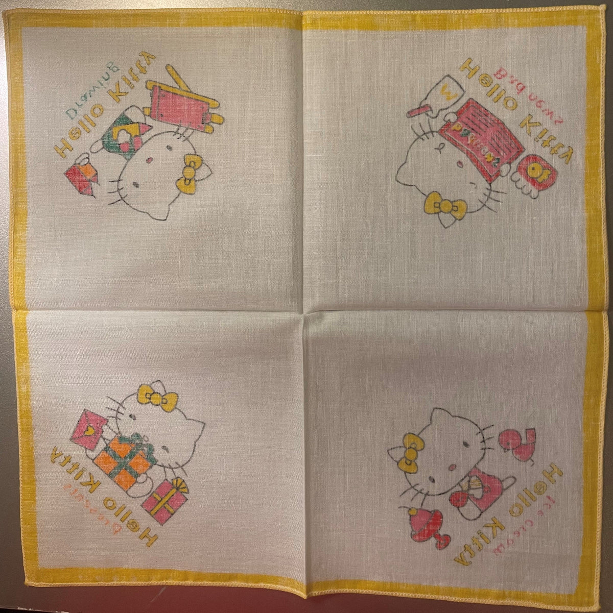 Vintage 1980s Hello Kitty Cotton Napkin Handkerchief 🎀 Yellow - Sanrio Japan NOS