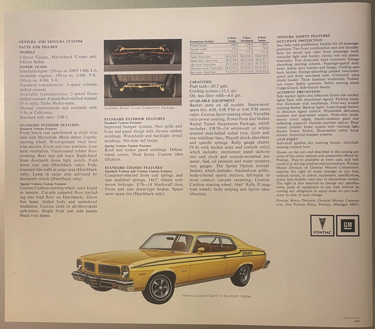 Vintage 1974 Pontiac Ventura Dealer Brochure 🚗 Last Classic GTO Year, Pontiac MI Print