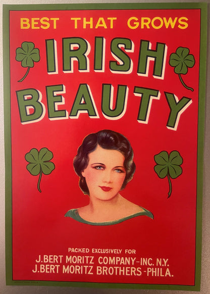 Antique Irish Beauty Crate Label 🍀 — 1930s, Packed Exclusively For J. Bert Moritz, New York & Philadelphia, Pretty Girl & Four-Leaf Clovers