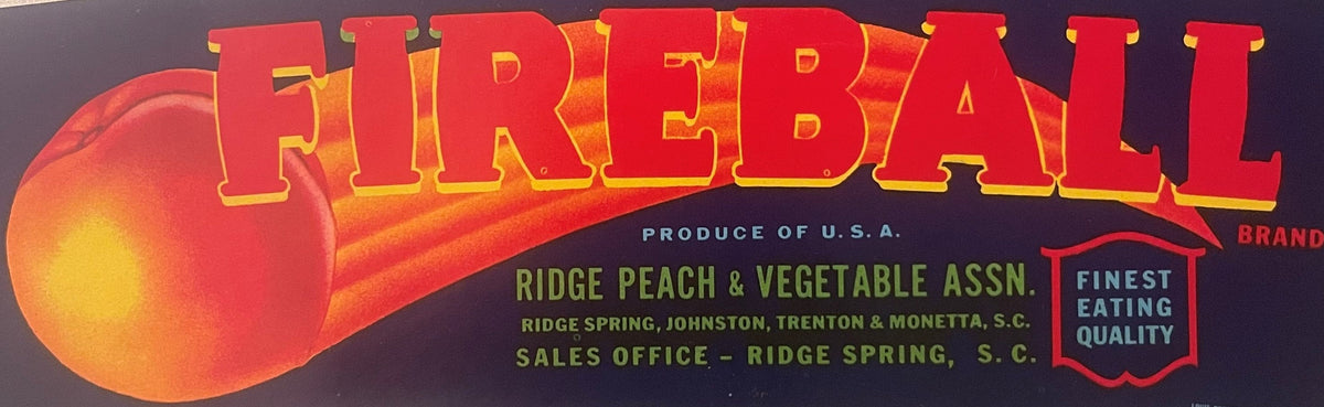 Vintage 1960s Fireball Crate Label 🍎 South Carolina's Flaming Peach Comet