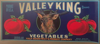 Vintage Valley King Brand Vegetables Crate Label 🦌 — 1940s San Francisco, Elk Stag & Ripe Tomato Graphics