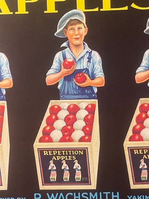 Antique 1930s Repetition Brand Apples Crate Label — R. Wachsmith, Yakima WA, Recursive Droste Artwork