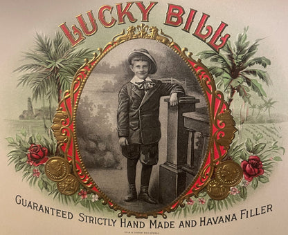 Antique 1900s Lucky Bill Gold Embossed Cigar Label 🎩 Large Victorian Boy Art 10" x 6"