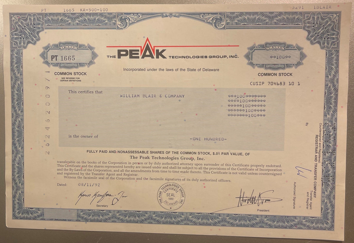 Vintage 1990s Peak Technologies Group Stock Certificate Dot Com Crash Victim Delaware Scripophily 📜