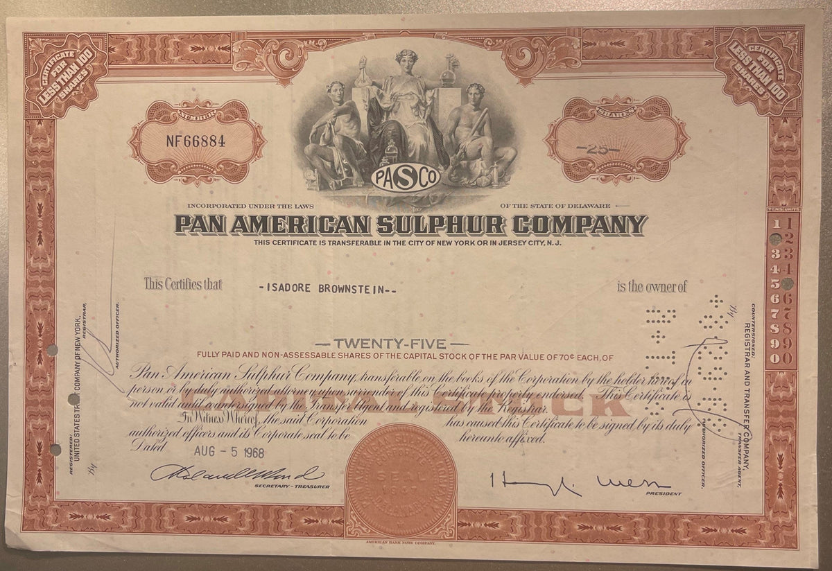 Vintage 1960s Pan American Sulphur Co. Stock Certificate ⛏️ Brown, Delaware PASCO Mexico Mining Share